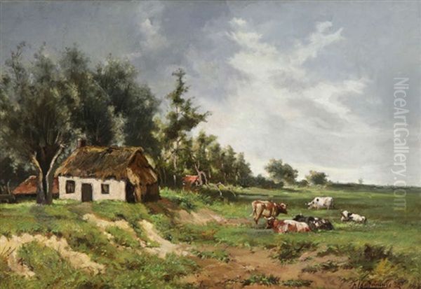 Paysage Avec Vaches Pres D'une Ferme Oil Painting by Frans Van Damme