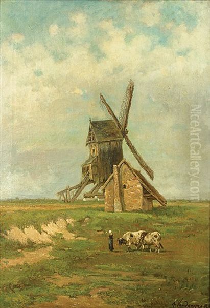 Boerinnetje Met Koeien Nabij De Molen Oil Painting by Frans Van Damme