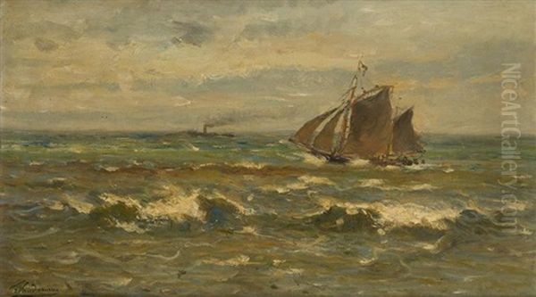 Voile Et Vapeur En Mer Du Nord Oil Painting by Frans Van Damme