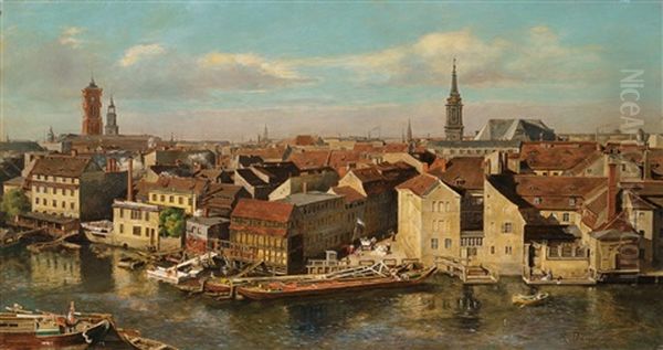 Die Spree Langs Der Stralauer Strasse (vom Markischen Ufer Aus) Mit Blick Auf Den Rathausturm Und Den Turm Von St. Marien. Rechts Die Gebaude Der Keibelschen Seifenfabrik Oil Painting by Rudolf Dammeier