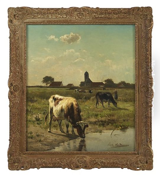 Cattle Grazing In The Fields Oil Painting by Emile Van Damme-Sylva