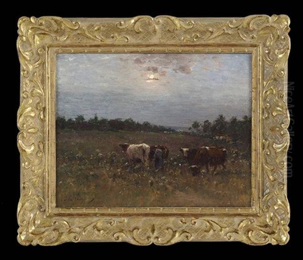 Cattle Grazing At Sunset by Emile Van Damme-Sylva