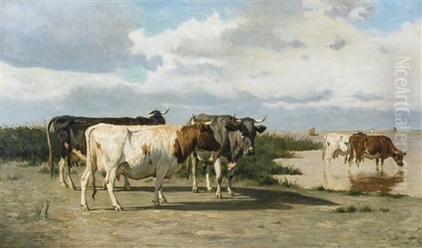 Des Vaches Pres D'un Lac Oil Painting by Emile Van Damme-Sylva