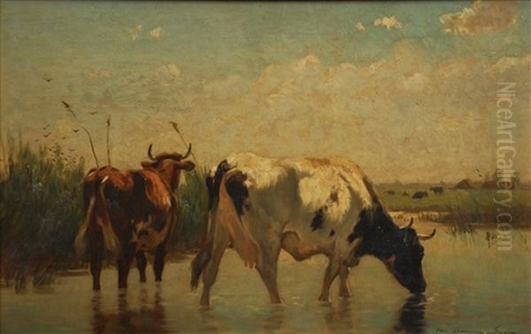 Vaches A L'abreuvoir Oil Painting by Emile Van Damme-Sylva