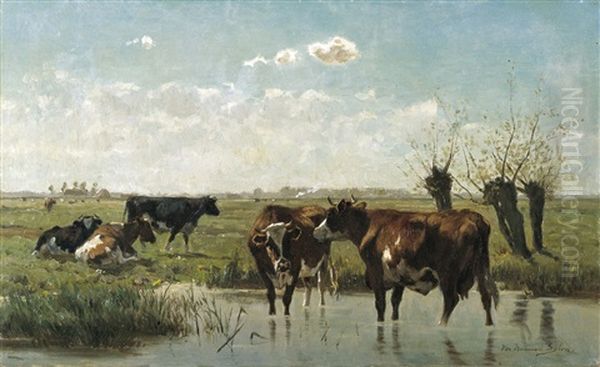 Vaches A L'abreuvoir Dans Un Paysage De Polder Oil Painting by Emile Van Damme-Sylva