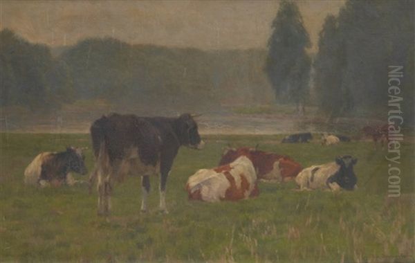 Vaches Au Bord Du Cours D'eau by Emile Van Damme-Sylva