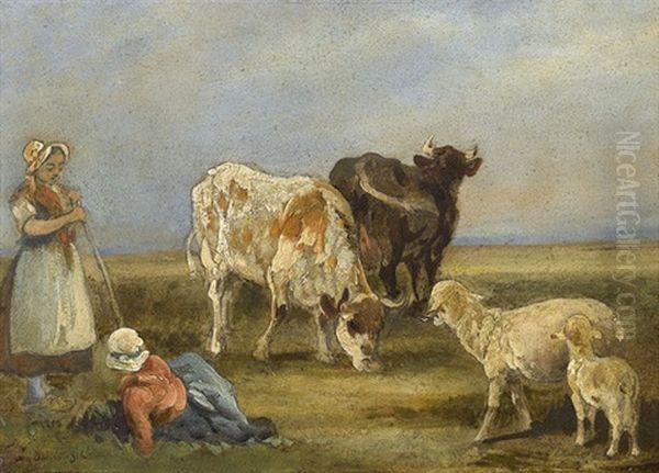 Zwei Bauerinnen Mit Kuhen Und Schafen Oil Painting by Emile Van Damme-Sylva