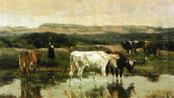 Koeienhoedster Op De Kalmthoutse Heide Oil Painting by Emile Van Damme-Sylva