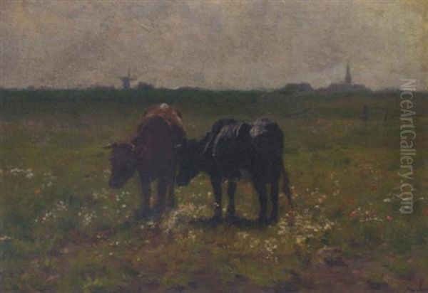 Cows In Pasture, A Windmill Beyond Oil Painting by Emile Van Damme-Sylva