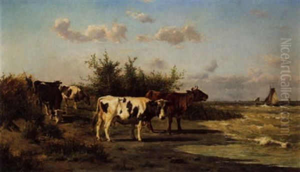 Cattle At Water's Edge Oil Painting by Emile Van Damme-Sylva