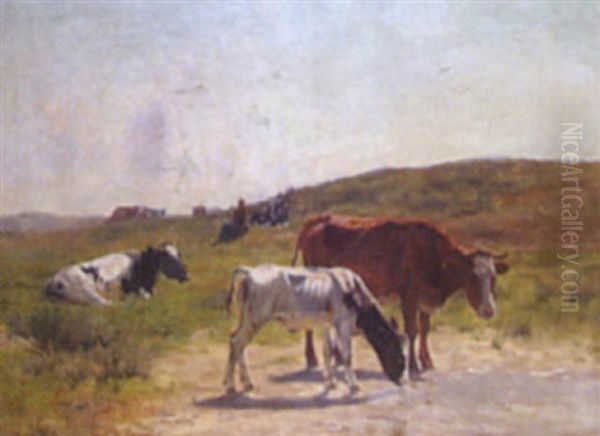 Cows Grazing In A Country Landscape Oil Painting by Emile Van Damme-Sylva