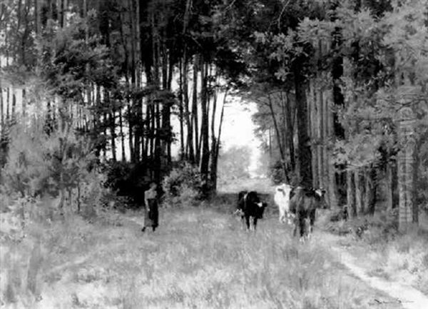 Boerin Met Koeien In Het Bos Oil Painting by Emile Van Damme-Sylva