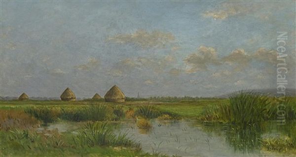 Felderlandschaft Mit Heumieten Oil Painting by Pierre Emmanuel Eugene Damoye