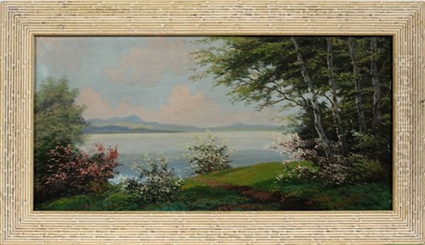 Lake Scene With Blossoms Oil Painting by Pierre Emmanuel Eugene Damoye