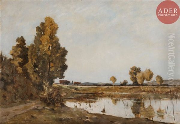 Paysage De Bord De Riviere Oil Painting by Pierre Emmanuel Eugene Damoye