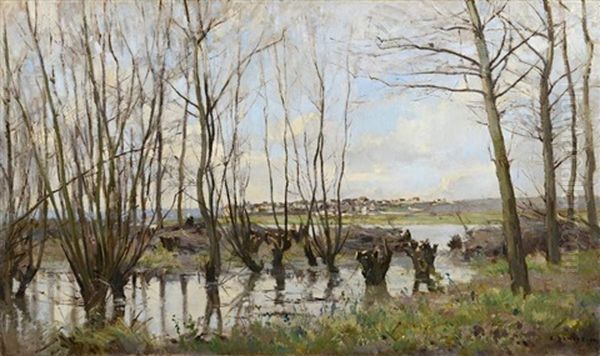 Paysage Bord De Riviere Oil Painting by Pierre Emmanuel Eugene Damoye