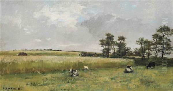 Cattle In A Landscape Oil Painting by Pierre Emmanuel Eugene Damoye