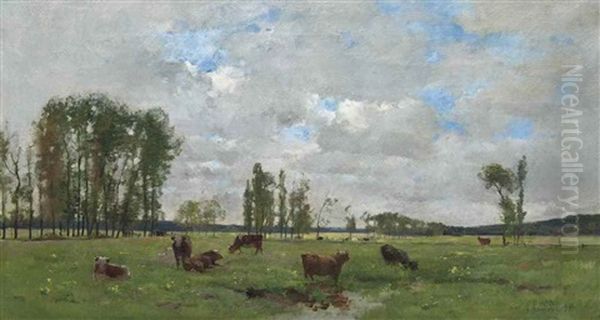 Cattle Grazing Oil Painting by Pierre Emmanuel Eugene Damoye