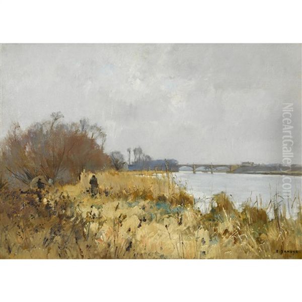 Maler An Der Seine Mit Der Brucke Von Argenteuil Oil Painting by Pierre Emmanuel Eugene Damoye