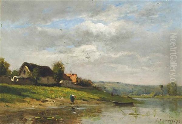 A Cottage On A River Bank Oil Painting by Pierre Emmanuel Eugene Damoye