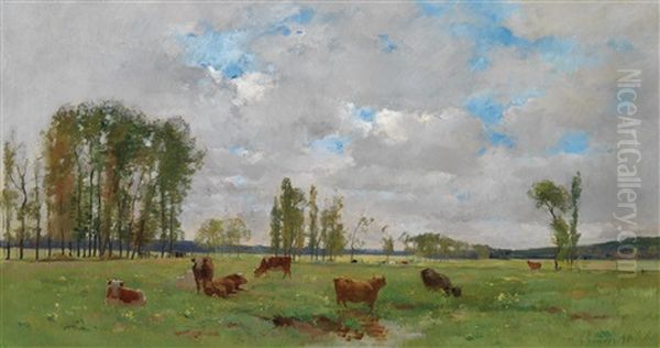 Cows In The Meadow Oil Painting by Pierre Emmanuel Eugene Damoye