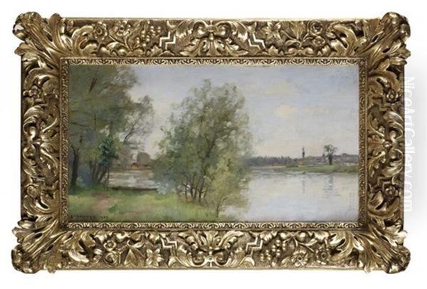 Paysage Bord De Lac Oil Painting by Pierre Emmanuel Eugene Damoye