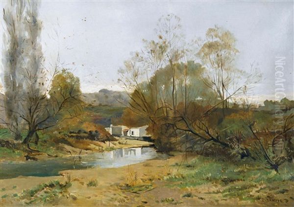 Herbstliche Uferpartie Oil Painting by Pierre Emmanuel Eugene Damoye