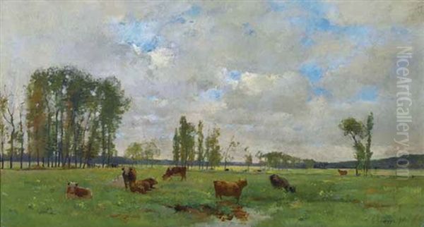 Vaches Au Pre Oil Painting by Pierre Emmanuel Eugene Damoye