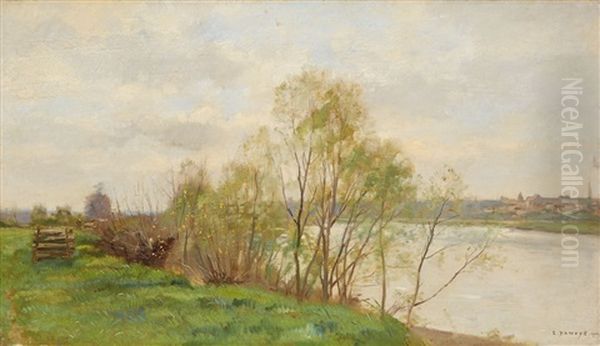 Trees By A Riverbank Oil Painting by Pierre Emmanuel Eugene Damoye