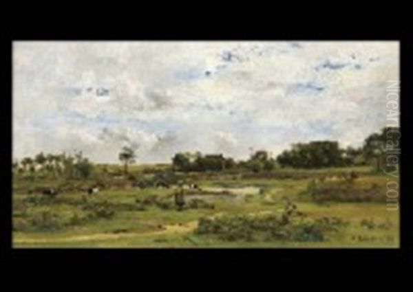 Cattle Grazing In A Pasture Oil Painting by Pierre Emmanuel Eugene Damoye