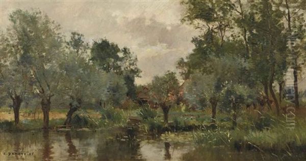 The Village Pond Oil Painting by Pierre Emmanuel Eugene Damoye