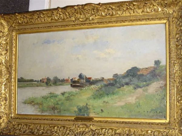 Bord De Riviere Avec Peniche Oil Painting by Pierre Emmanuel Eugene Damoye