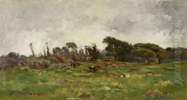 Weite Landschaft Mit Weidenden Kuhen Oil Painting by Pierre Emmanuel Eugene Damoye