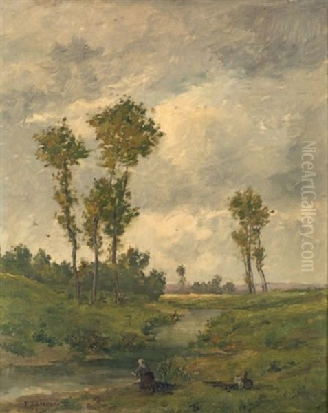 Ruisseau Et Lavandiere Oil Painting by Pierre Emmanuel Eugene Damoye