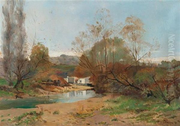 Flusslandschaft Oil Painting by Pierre Emmanuel Eugene Damoye