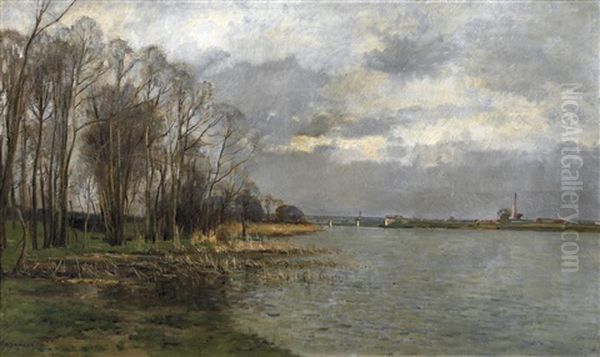 Franzosische Fluslandschaft. Im Hintergrund Eine Eisenbahnbrucke Oil Painting by Pierre Emmanuel Eugene Damoye