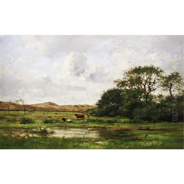 Cows In A Meadow Oil Painting by Pierre Emmanuel Eugene Damoye