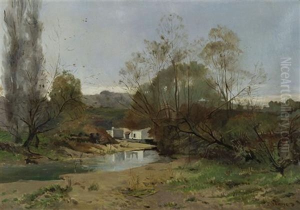 Flusslandschaft Oil Painting by Pierre Emmanuel Eugene Damoye