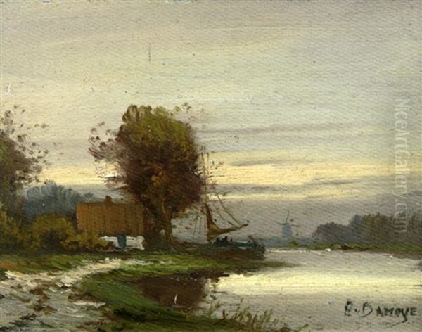 Bord De Riviere Au Moulin Oil Painting by Pierre Emmanuel Eugene Damoye