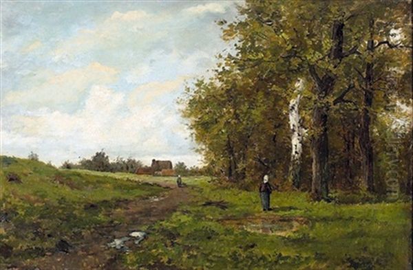 Feldlandschaft Mit Reisigsammlerin Oil Painting by Pierre Emmanuel Eugene Damoye