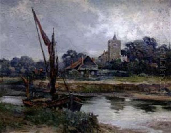 Village Pres De La Riviere Oil Painting by Pierre Emmanuel Eugene Damoye