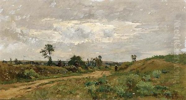 A Summer Landscape Oil Painting by Pierre Emmanuel Eugene Damoye