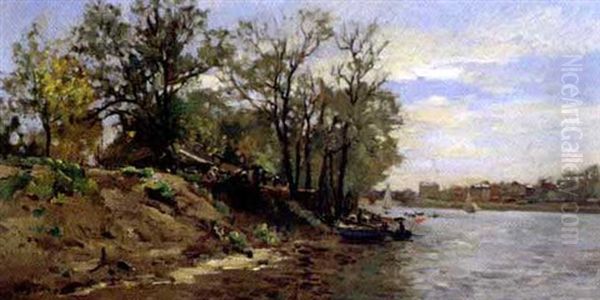 La Guinguette Au Bord De L'eau Oil Painting by Pierre Emmanuel Eugene Damoye