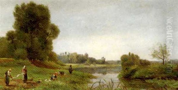 Washerwomen And A Fisherman On The Banks Of A River Oil Painting by Pierre Emmanuel Eugene Damoye