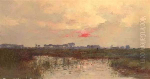 Coucher De Soileil Sur L'etang Oil Painting by Pierre Emmanuel Eugene Damoye