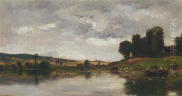 Bords De Riviere Oil Painting by Pierre Emmanuel Eugene Damoye