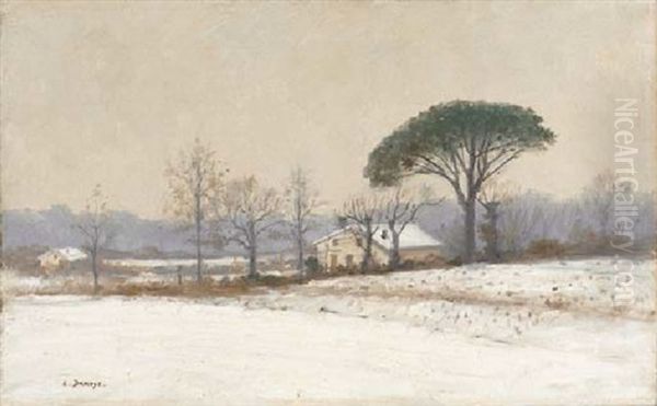 A Wintry Day Oil Painting by Pierre Emmanuel Eugene Damoye