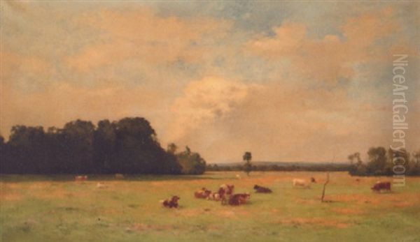 Cattle In A Summer Meadow Oil Painting by Pierre Emmanuel Eugene Damoye