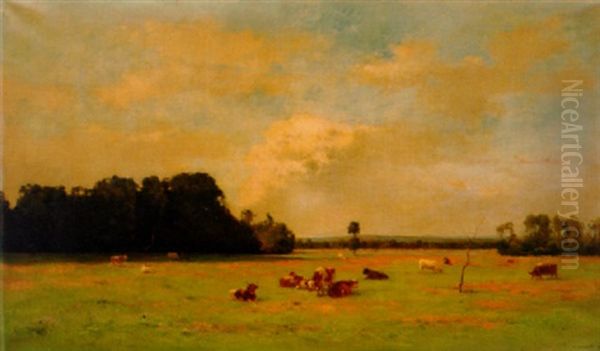 Cattle In A Summer Meadow Oil Painting by Pierre Emmanuel Eugene Damoye