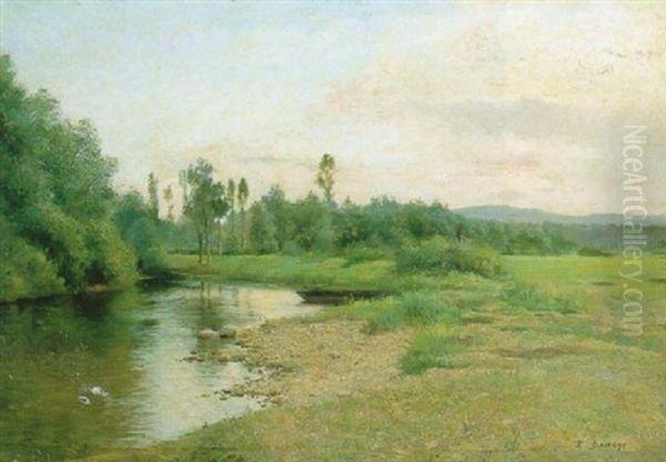 River Landscape (in Sologne?) Oil Painting by Pierre Emmanuel Eugene Damoye